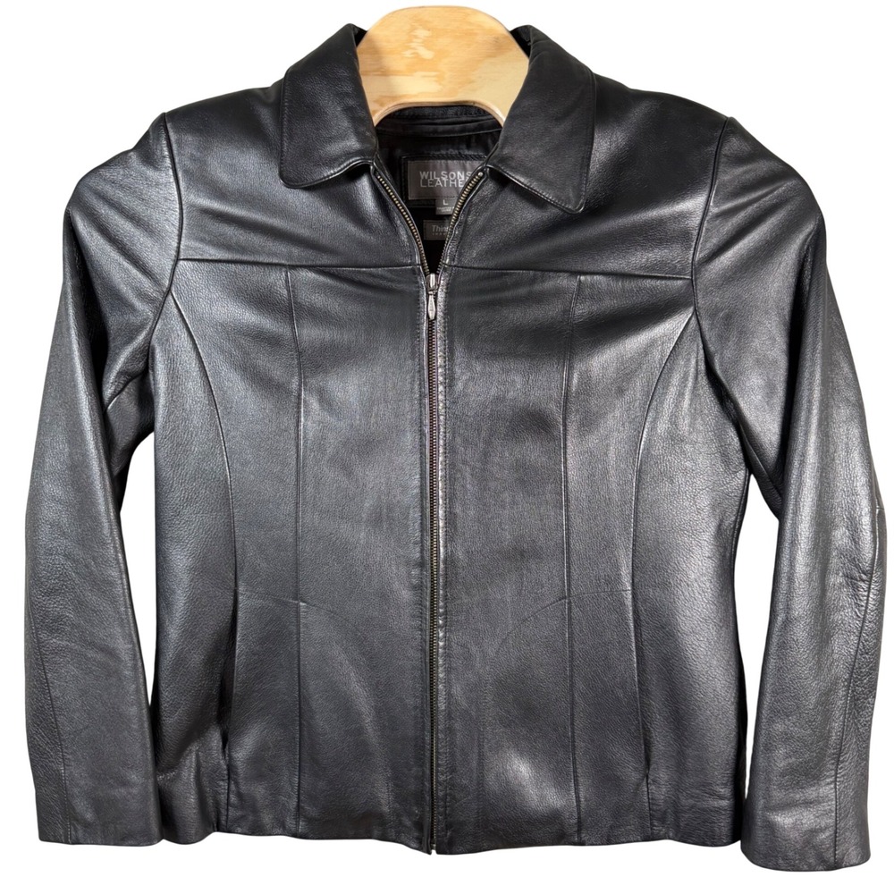 Wilsons Leather Jacket Thinsulate Women L Black Full Zip Insulated Moto Biker